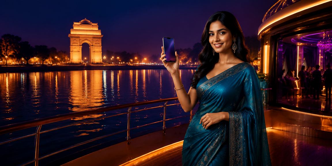 Delhi India Gate with mobile casino gaming interface